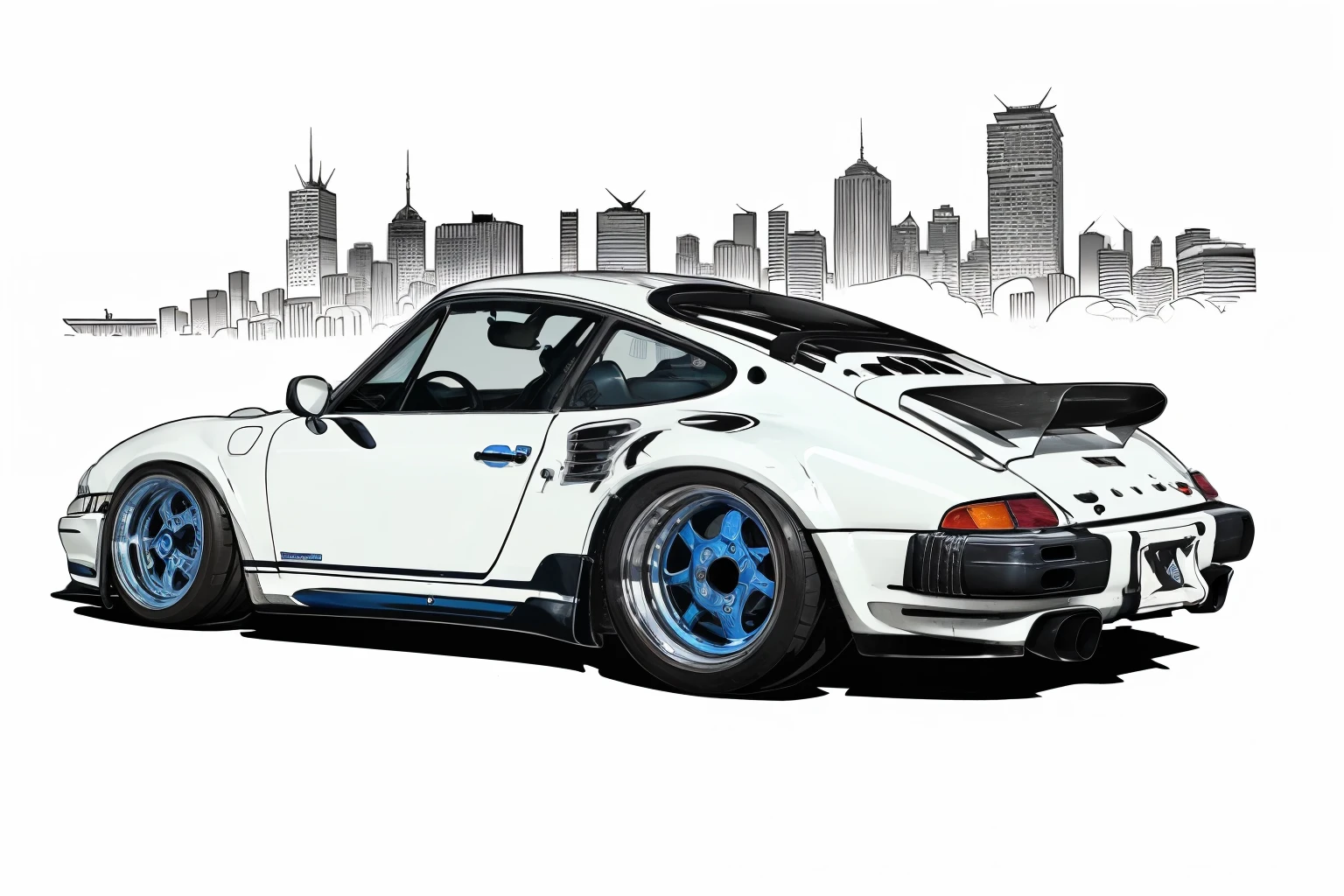 nvinkpunk, painting of a city with a blueish colored Porsche 930 rwb rotting,wide bodykit, large wheels, side view, high quality,