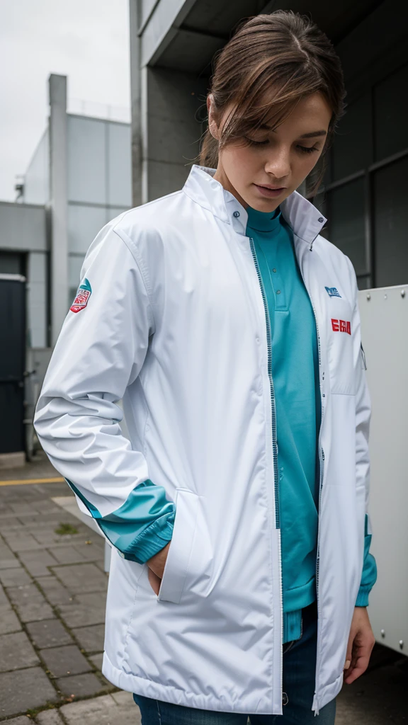 masterpiece, high quality, design, colorful, white, blue, red, medium green, represents modern urban fish farming, elegant look, modern, to be full printed in a jacket, jacket base color is white, write "MODERN FISH FARMING" in the front, show front facing