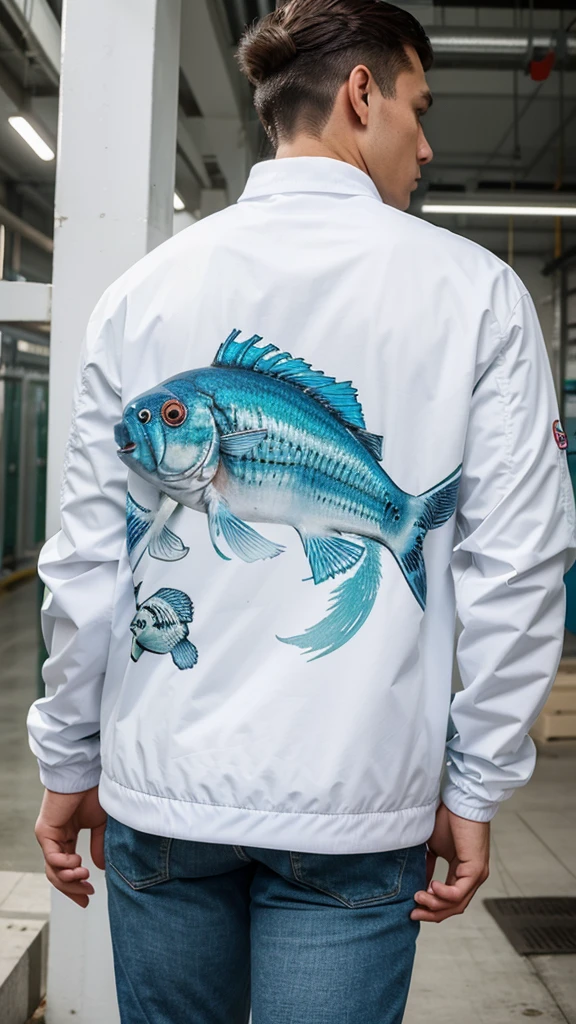 masterpiece, high quality, design, colorful, white, blue, red, medium green, represents modern urban fish farming, elegant look, modern, to be full printed in a jacket, jacket base color is white, write "MODERN FISH FARMING" in the front