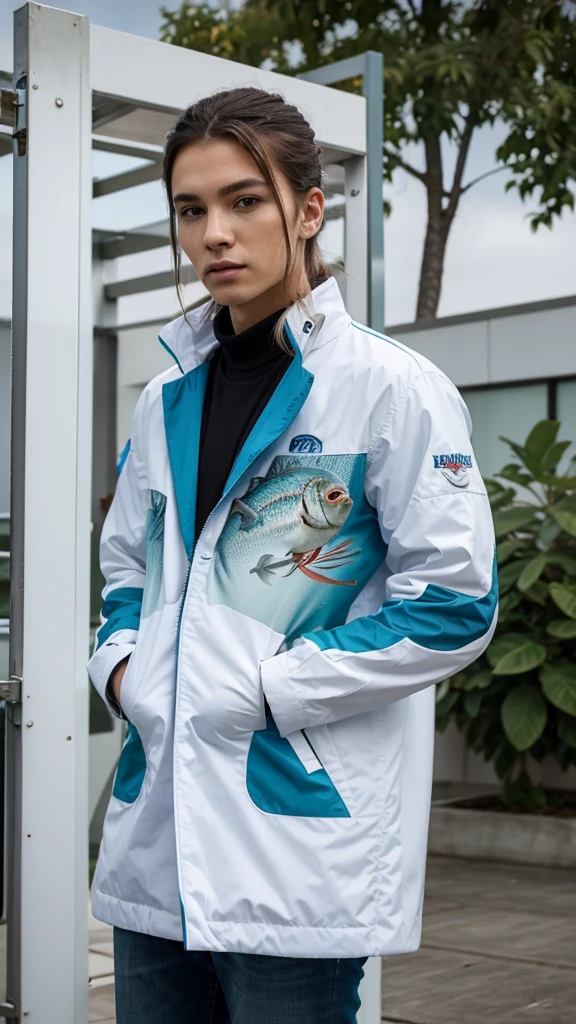 masterpiece, high quality, design, colorful, white, blue, red, medium green, represents modern urban fish farming, elegant look, modern, to be full printed in a jacket, jacket base color is white, write "MODERN FISH FARMING" in the front, show front facing