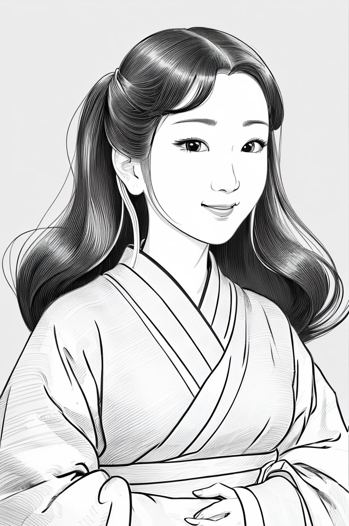 Please create a realistic ukiyo-e illustration of a cute smiling woman in a kimono that conveys Japanese culture in various poses using a simple black and white coloring book that even children can do. The illustration is a illustration with detailed facial features and cartoon-style visuals, (high contrast, sketch, monochrome, clean line drawings for coloring book:1.5)