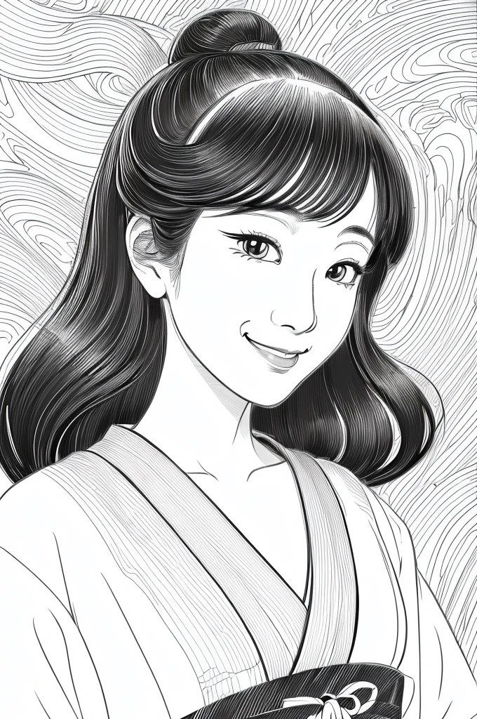Please create a realistic ukiyo-e illustration of a cute smiling woman in a kimono that conveys Japanese culture in various poses using a simple black and white coloring book that even children can do. The illustration is a illustration with detailed facial features and cartoon-style visuals, (high contrast, sketch, monochrome, clean line drawings for coloring book:1.5)
