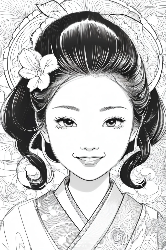 Please create a realistic ukiyo-e illustration of a cute smiling woman in a kimono that conveys Japanese culture in various poses using a simple black and white coloring book that even children can do. The illustration is a illustration with detailed facial features and cartoon-style visuals, (high contrast, sketch, monochrome, clean line drawings for coloring book:1.5)