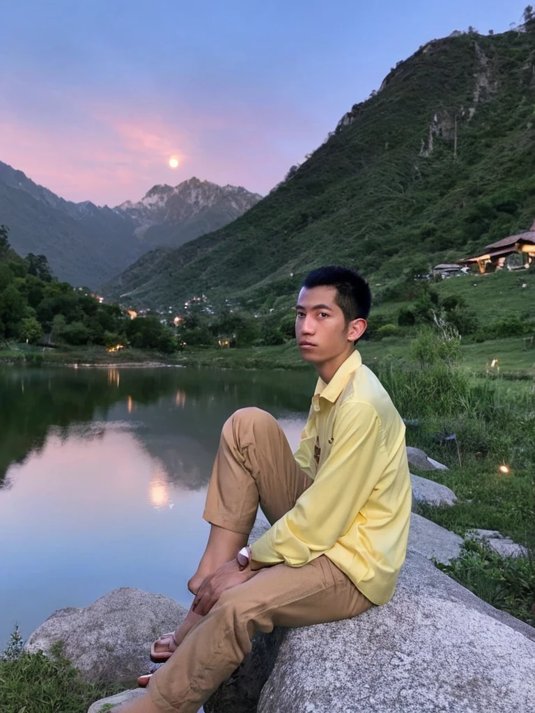 Side view, an Indonesian young man's face glances at the camera, very sad expression, yellow long-sleeved shirt, beige jeans, sitting on a rock, knees propped up, hands resting on his chin, bare feet, twinkling stars in the sky. Big pink moon behind the mountains. The calm lake reflects the night. realistic scenes, details, Photorealism, 16k