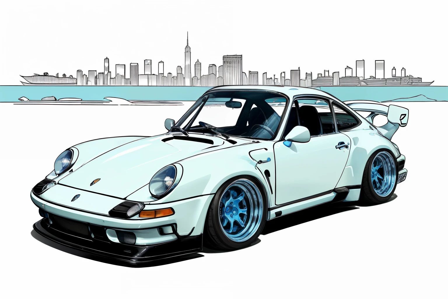 nvinkpunk, painting of a city with a blueish colored Porsche 930 rwb rotting,wide bodykit, large wheels, side view, high quality,