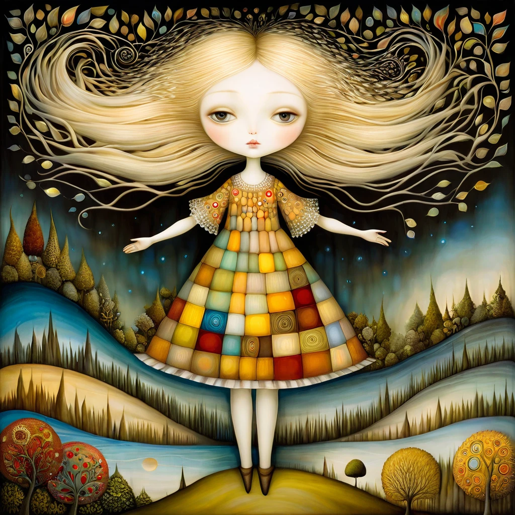 Patchwork by Klimt, Nicoletta Ceccoli, Naoto Hattori, Lawrence Didier, Leonora Carrington of European Woman, ash blond hair, light dress. is on the top of a gentle hill from which you can see the sea and forests of trees of many colors, she spreads her arms and lets the wind move her long hair. intricate patterns and details, photorealistic 8k resolution, masterpiece quality, vivid and vibrant colors, dramatic lighting casting surreal shadows, fantastical and whimsical elements, magical realism ambiance, wide-angle perspective creating optical illusions.
