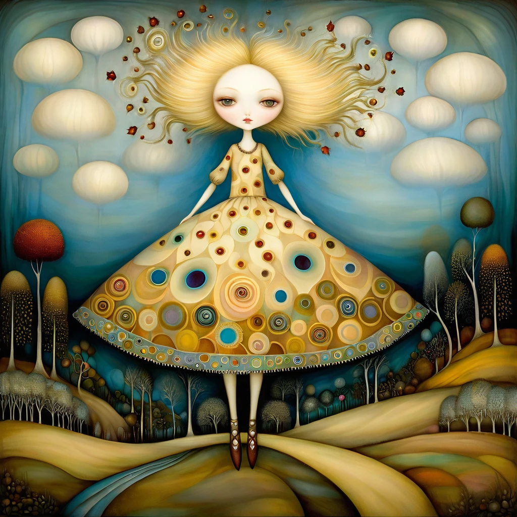 Patchwork by Klimt, Nicoletta Ceccoli, Naoto Hattori, Lawrence Didier, Leonora Carrington of European Woman, ash blond hair, light dress. is on the top of a gentle hill from which you can see the sea and forests of trees of many colors, she spreads her arms and lets the wind move her long hair. intricate patterns and details, photorealistic 8k resolution, masterpiece quality, vivid and vibrant colors, dramatic lighting casting surreal shadows, fantastical and whimsical elements, magical realism ambiance, wide-angle perspective creating optical illusions.
