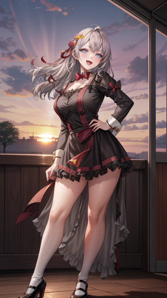 Alisa Kujou,
(sunset:1.7), 1 girl standing at attention, 22 years,young female,beautiful Finger, beautiful long legs ,beautiful body ,beautiful Nose ,beautiful character design, Perfect eyes, perfect face,
there is an anime girl., 1 girl, Thighs, Alone, Blue eyes, old, black dress ,elegant , long socks (((short dress))) , neckline, bow, hand on hip, blush, black Thighs, bowtie, inside, brown shoes, The Great Passage, moccasins, heels, old, looking at the viewer, take half distance, close up shot of open mouth, Thighs,
looking at the viewer, SMILE, greeting the viewer, In the center of the image, Fondo de pantalla CG unity 8k extremadamente detallado, perfect lighting,showy, bright_forehead_face_Lightinasterpiece:1.0),(better_quality:1.0), ultra high resolution,4k,ultra detailed,
Photography, 8k, HDR, high resolution, absurdities:1.2, portrait of codas, film grain, blurred background, bokeh:1.2, Lens flare, (Vibrant_color:1.2)
, (beautiful_face:1.5),(narrow_waist), (beautiful)