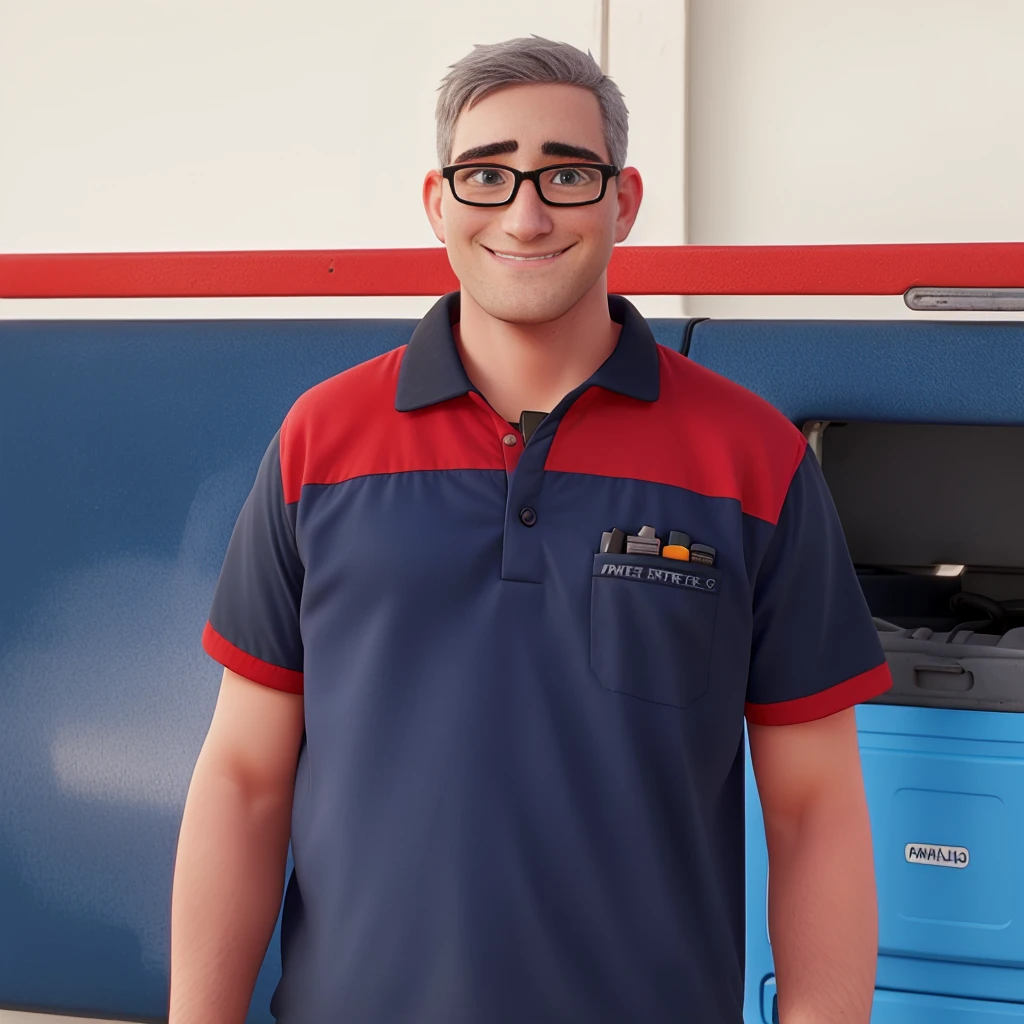 A white man with short gray hair, smiling, black glasses, with a mechanic's outfit