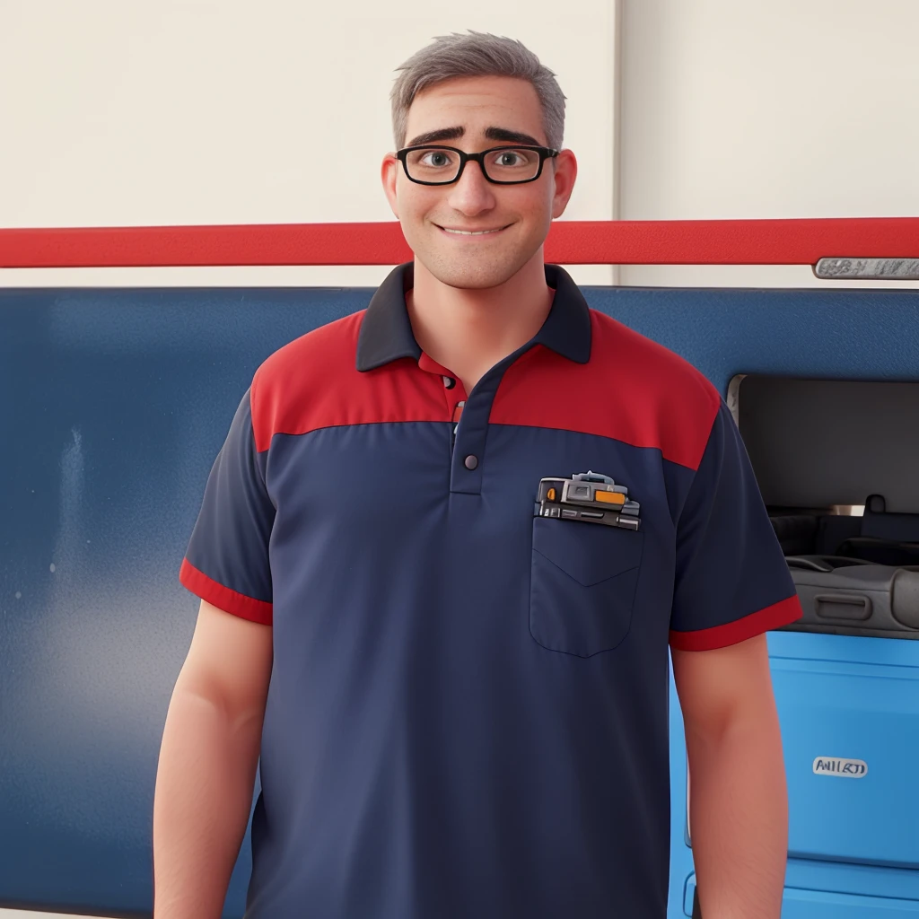 A white man with short gray hair, smiling, black glasses, with a mechanic's outfit