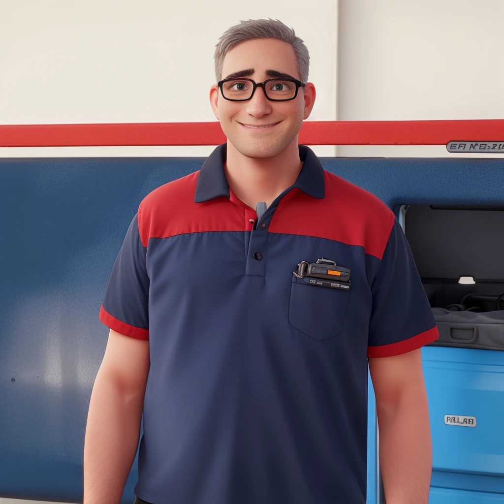 A white man with short gray hair, smiling, black glasses, with a mechanic's outfit