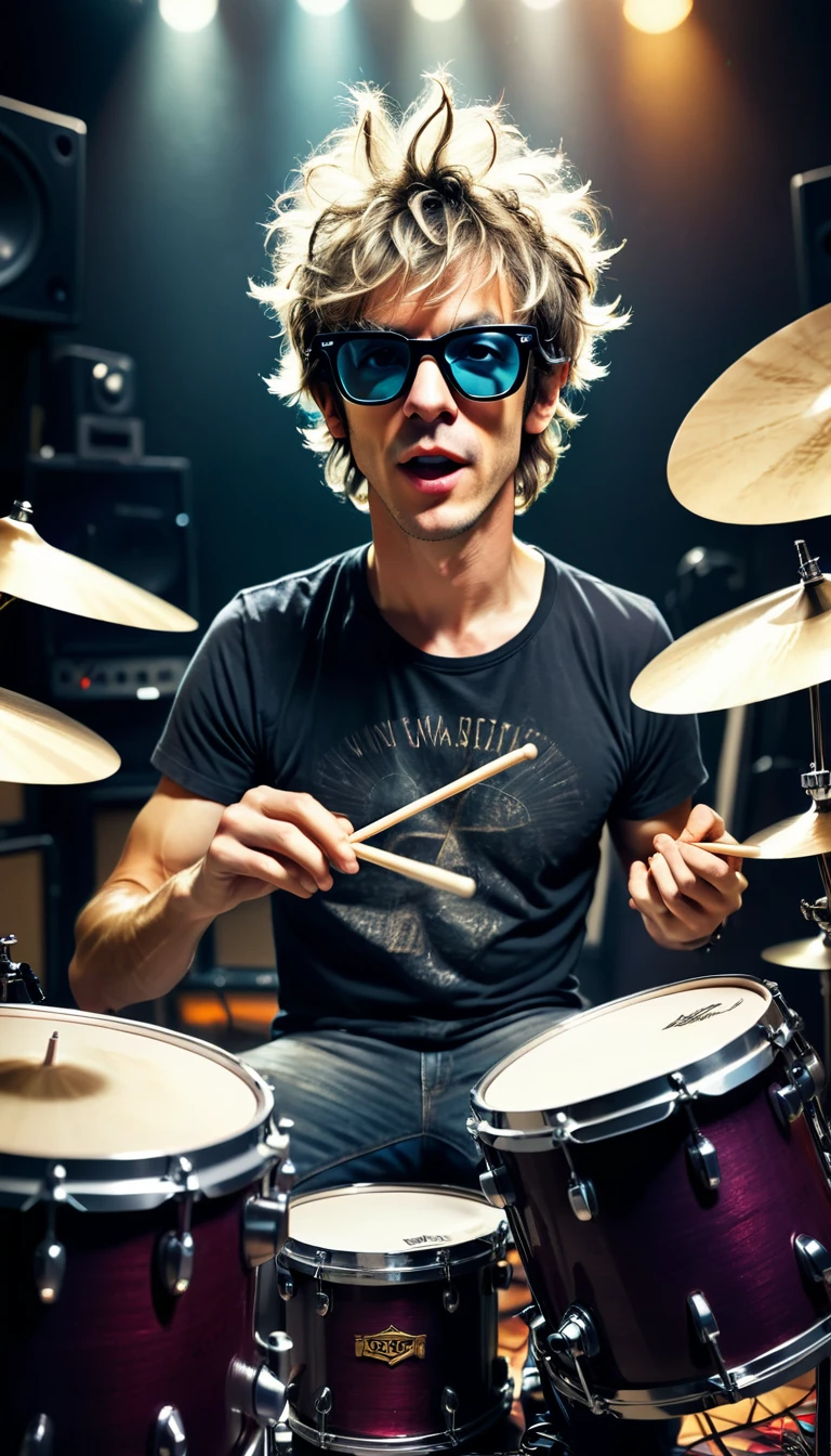 a wild musician in his music studio, playing a set of drum in front him like crazy, cute rocker, funky futuristic glasses, headphone, texture detailed, brilliant, front, award-winning photo, extremely detailed, stunning, inspired by young Stewart Copeland, fine detail, artwork by Lee Jeffries and Alberto Seveso, a magically fantasy artwork, mws, low angle, rich colors, hyper-realistic, contrast and sharpness, line curve and shape, realistic texture, dramatic lighting, cinematic, ultra HD 8k, Mysterious