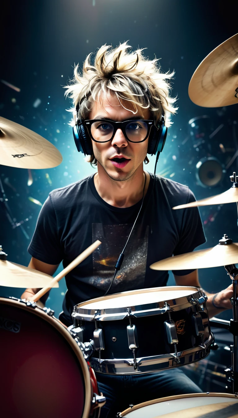 a wild musician in his music studio, playing a set of drum in front him like crazy, cute rocker, funky futuristic glasses, headphone, texture detailed, brilliant, front, award-winning photo, extremely detailed, stunning, inspired by young Stewart Copeland, fine detail, artwork by Lee Jeffries and Alberto Seveso, a magically fantasy artwork, mws, low angle, rich colors, hyper-realistic, contrast and sharpness, line curve and shape, realistic texture, dramatic lighting, cinematic, ultra HD 8k, Mysterious