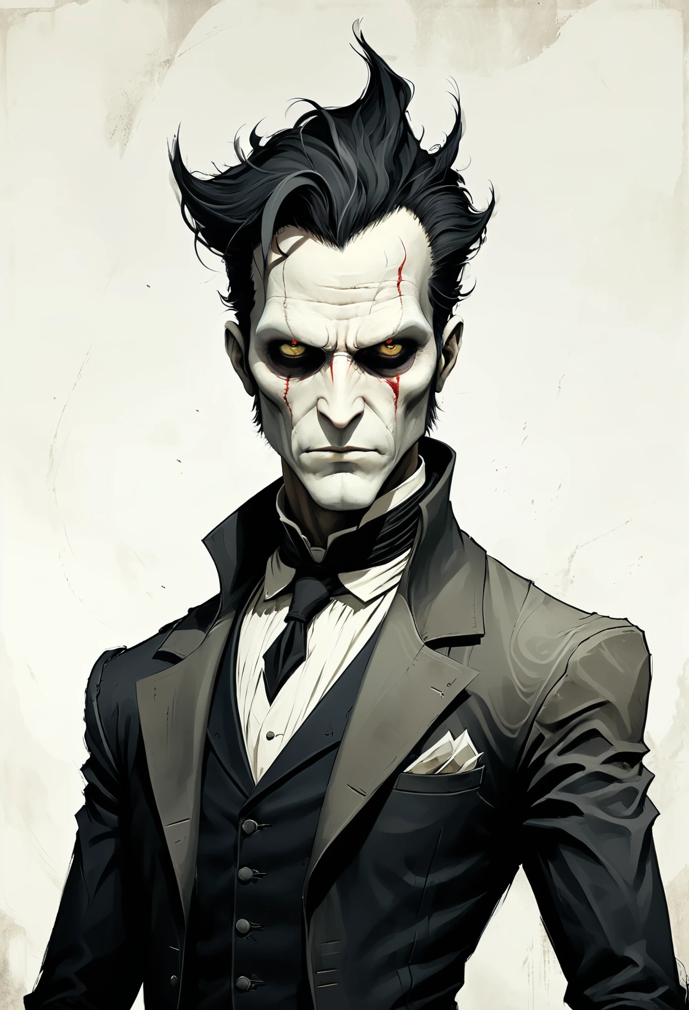 in style of Santiago Caruso, character concept design, half body,Minimalist style design background,
