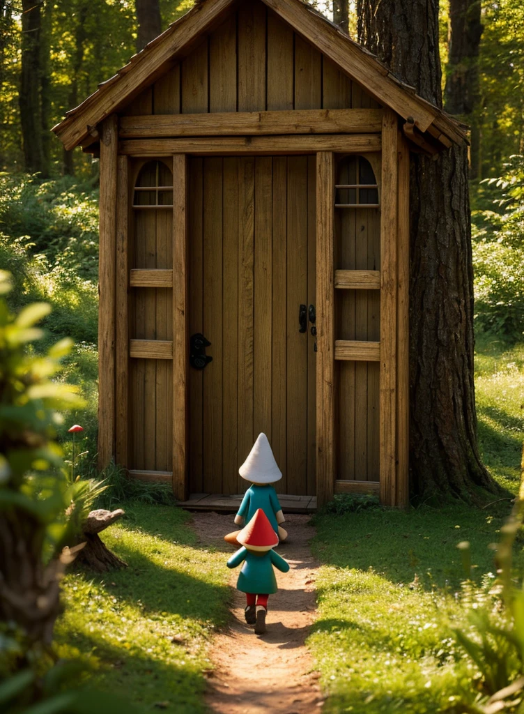 Wonderland Forest of Giants mushrooms, ( mushrooms with Doors) bright mushrooms, little gnomes walking in the forest, realismo, 8k, cinemátic, fantasy world.