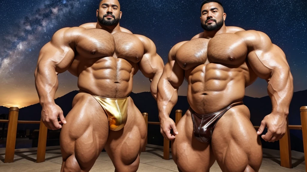 A Chinese bodybuilder，40 years old，Tall and handsome, Toned body，short hair, O-Shaped Beard，Perfect body, Dark and shiny skin，Smooth skin，The body is hairless，Muscle bulge, Muscular, Very large pectoral muscles，Very sexy abdominal muscles，Very well-developed leg muscles，Huge concave and convex area，Brightens oily skin，Wearing a gold leather shiny thong，Handsome face， Correct and accurate male body proportions，Muscular，Standing alone under the stars，Ultra-high-definition 4K picture quality。
