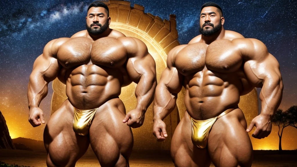 A Chinese bodybuilder,40 years old,Tall and handsome, Toned body,short hair, O-Shaped Beard,Perfect body, Dark and shiny skin,Smooth skin,The body is hairless,Muscle bulge, Muscular, Very large pectoral muscles,Very sexy abdominal muscles,Very well-developed leg muscles,Huge concave and convex area,Brightens oily skin,Wearing a gold leather shiny thong,Handsome face, Correct and accurate male body proportions,Muscular,Standing alone under the stars,Ultra-high-definition 4K picture quality。