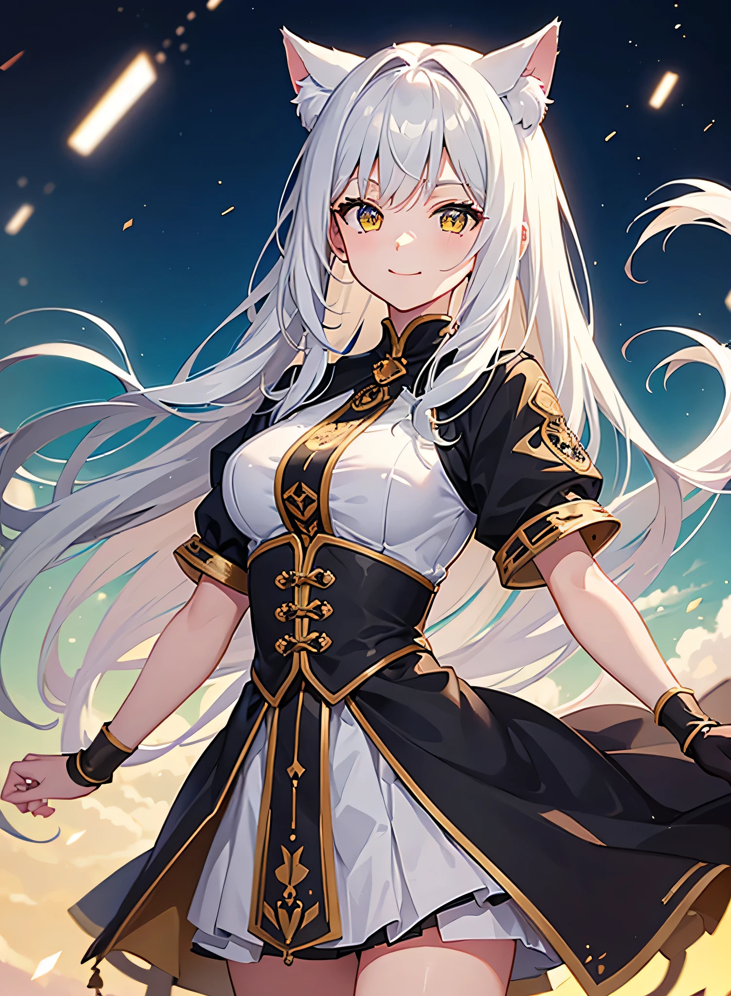 ((masterpiece)), ((best quality)), (close-up:1), (half-body shot:1.36), perfect anatomy, 1girl, solo, cat girl, gay hair, yellow eyes, gray cat ears, gray fluffy cat tail, medieval attire, smiling, lighting from front, looking at viewers