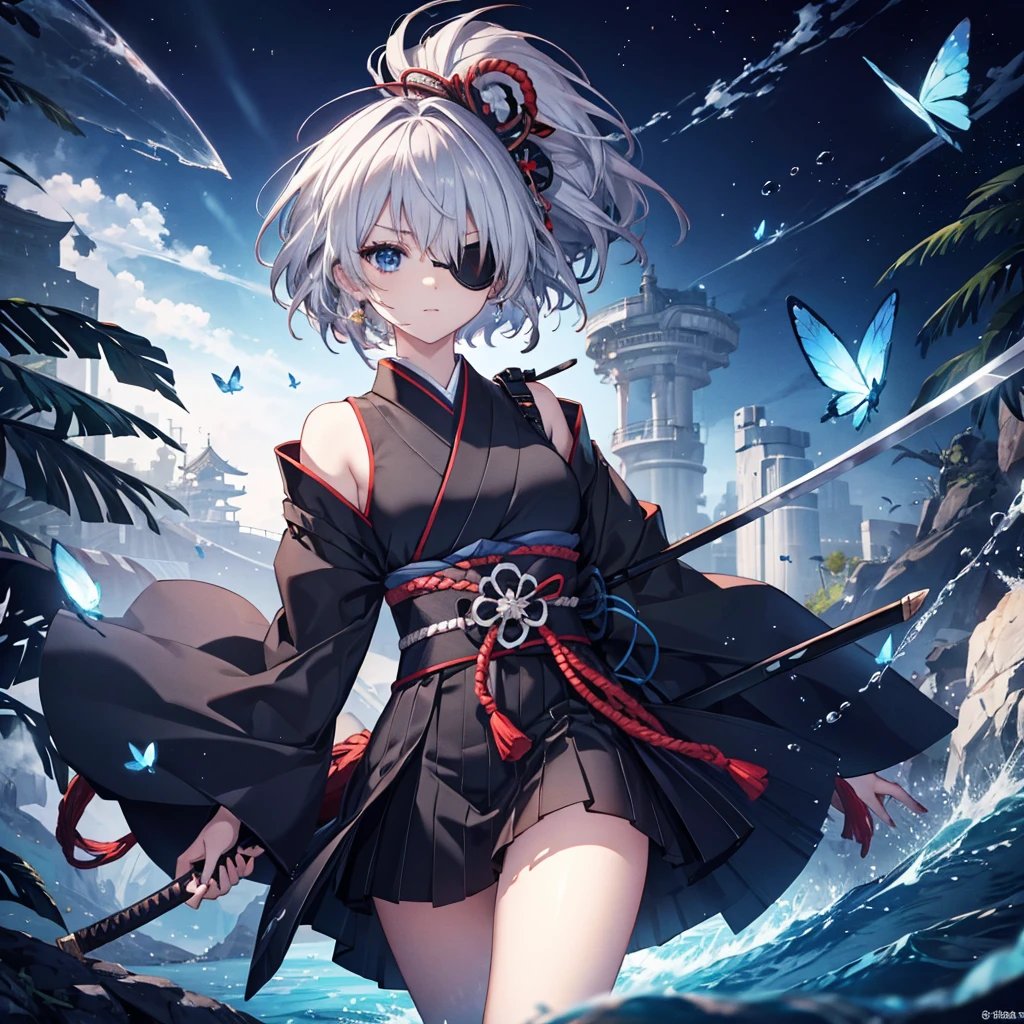 (((1 person Put on an eye patch Gray Hair))) ((High resolution short hair Black kimono Shoulder Rin々Funny face knifeを胸の前で構える)) ((Black Band samurai Lonely despair blue eyes Close-up)) ((Blue Butterfly night Japanese style old Shining Aura garden water surface Catch the wind Distorted Space)) (dance 日本knife knife Slashing) 月night moonlight star Draw your sword Shining Background Shining Edge