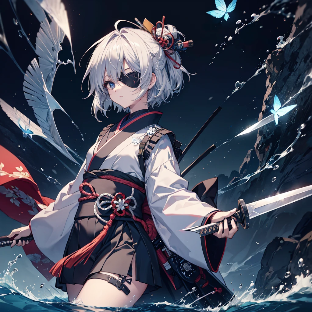(((1 person Put on an eye patch Gray Hair))) ((High resolution short hair Black kimono Shoulder Rin々Funny face knifeを胸の前で構える)) ((Black Band samurai Lonely despair blue eyes Close-up)) ((Blue Butterfly night Japanese style old Shining Aura garden water surface Catch the wind Distorted Space)) (dance 日本knife knife Slashing) 月night moonlight star Draw your sword Shining Background Shining Edge