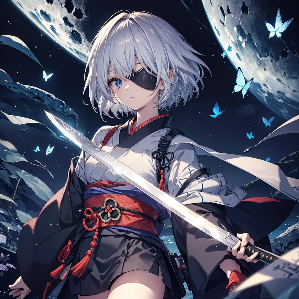 (((1 person　Put on an eye patch　Gray Hair)))　((High resolution　short hair　Black kimono　Shoulder　Rin々Funny face　knifeを胸の前で構える))　((Black Band　samurai　Lonely　despair　blue eyes　Close-up))　((Blue Butterfly　night　Japanese style　old　Shining Aura　garden　water surface　Catch the wind　Distorted Space))　(dance　日本knife　knife　Slashing)　月night　moonlight　star　Draw your sword　Shining Background　Shining Edge