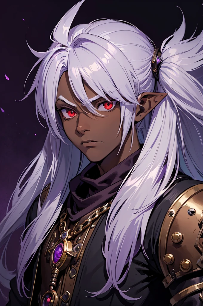 ((best quality)), ((masterpiece)), (detailed), ((boy)), ((mix between dungeonpunk and steampunk)), (serious), dark skinned, human, upper body, portrait, red eyes, long white hair, Xemnas from Kingdom Hearts, half-drow, pointy ears, serious face, dramatic lighting, purple hue, art by Kinema Citrus and Tetsuya Nomura