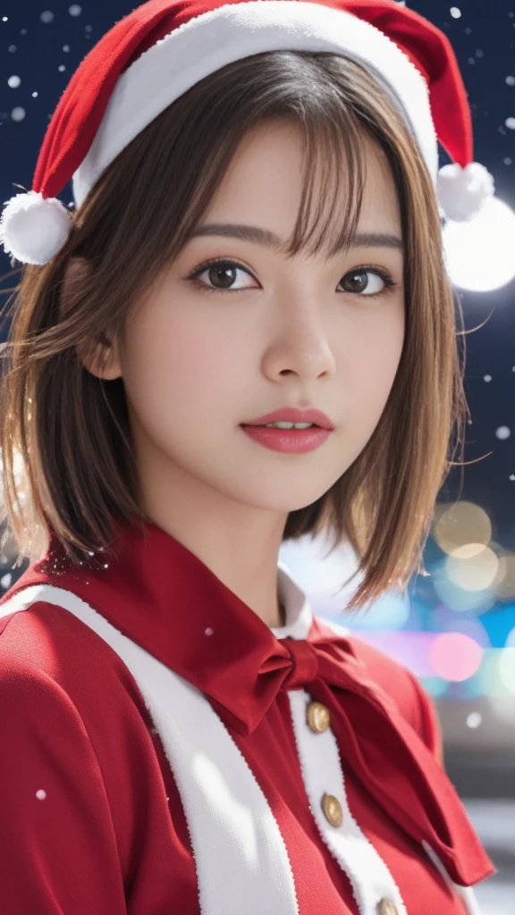 1girl, (santa claus costume slim fit:1.5), symmetry,(Cute ultra young girl:2.0), (slender woman body:1.5), (ultra short hair:1.75), ultra big smile, (Beautiful large round droped detailed eyes:1.75), beautiful detailed lips, (extremely detailed beautiful face, natural makeup, Incredibly beautiful skin:2.0), (best quality,4k,8k,highres,masterpiece:2.0),(ultra-detailed,realistic,photorealistic,photo-realistic:1.75),professional,vivid colors,studio lighting,(snowing night town,christmas eve:1.25)
