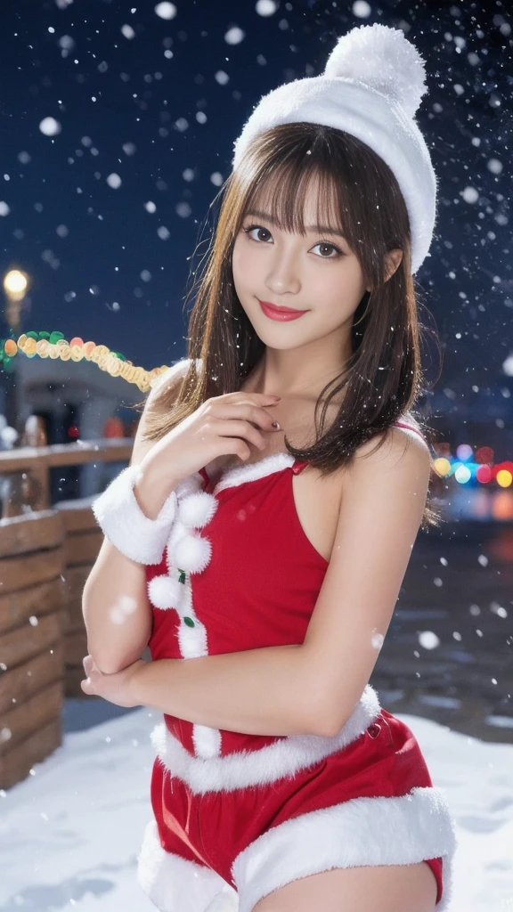 1girl, (santa claus costume slim fit:1.5), symmetry,(Cute ultra young girl:2.0), (slender woman body:1.5), (ultra short hair:1.75), ultra big smile, (Beautiful large round droped detailed eyes:1.75), beautiful detailed lips, (extremely detailed beautiful face, natural makeup, Incredibly beautiful skin:2.0), (best quality,4k,8k,highres,masterpiece:2.0),(ultra-detailed,realistic,photorealistic,photo-realistic:1.75),professional,vivid colors,studio lighting,(snowing night town,christmas eve:1.25)