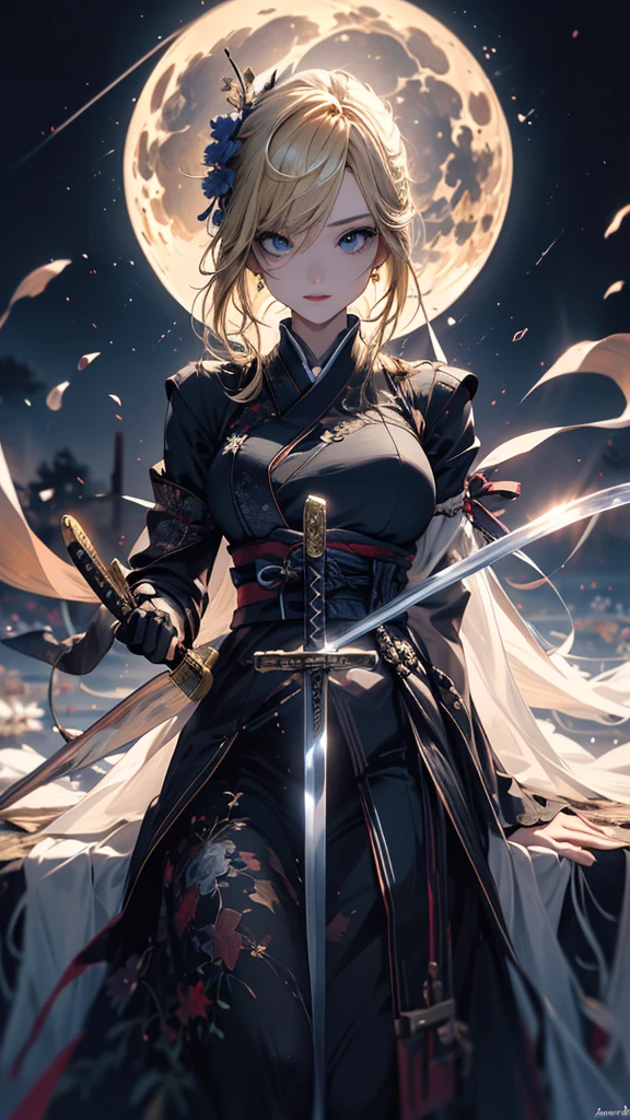 masterpiece, high quality, 4K, Beautiful design, silhouette,blonde, 非常に詳細な夜のStarry Sky,Flower Field, wonderful, Finer details, Very knowledgeable woman, Highly detailed solo, 1 female,Big Breasts,Gothic ta Fashion,Japanese sword,Night view,Starry Sky,full moon,