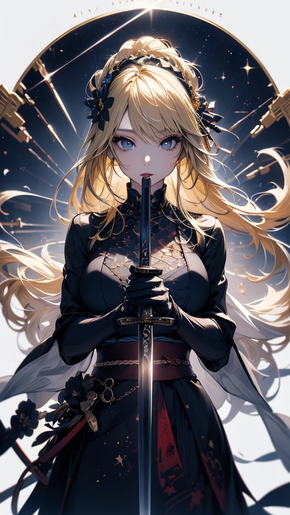 (Ultra extreme detailed),(Masterpiece),(Ultra extreme),(Realistic),CG,(color:1.2), Strong lighting,Light from behind,evaluation:Safety,One blonde, one alone., black,Blonde twin tails,length hair,blue eyes,white_gloves,garter_strap,absolute_ryouiki,Pleats_skirt,white_skirt,blackcolorストーキング,expensive_Heel,white shrite,length_sleeve,black_Cape,short_whiteいショートドレス,Shoulder guard、Lace on chest、Nier Automata((Eye patch、２B ))、((Holding a sword))