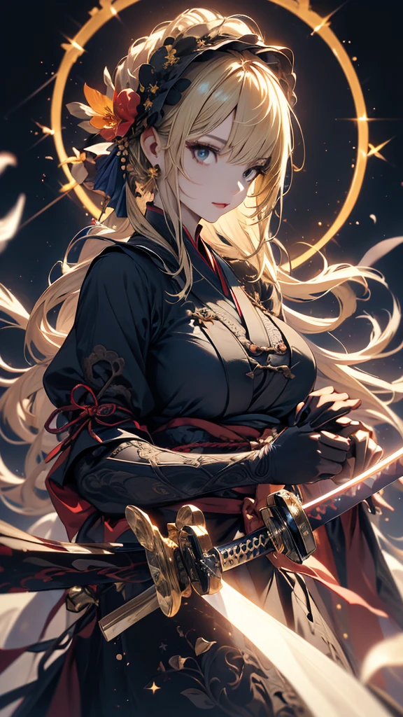 masterpiece, high quality, 4K, Beautiful design, silhouette，blonde， 非常に詳細な夜のStarry Sky,Flower Field， wonderful, Finer details,  Very knowledgeable woman, Highly detailed solo, 1 female,Big Breasts，Gothic Lolita Fashion，Japanese sword，Night view，Starry Sky，full moon，