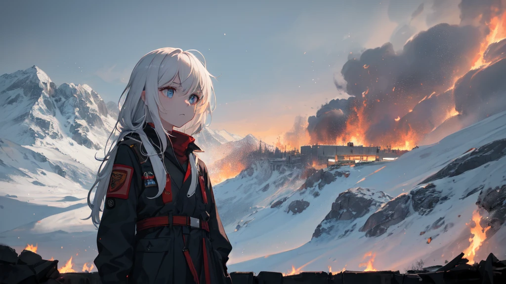 masterpiece:1.2), best quality , 独奏 ,pixiv, anime girl ,long straight white hair , black eyes ,Wearing off-white camouflage uniform ,,military fortress,(Eyes looking into the distance:1.3),(look away:1.5),snowy weather,dirty face,The background is a city in flames with blood on the forehead,dirty face,Backlight,Bare rocky peaks ,Fierce flames are burning,The expression is sad