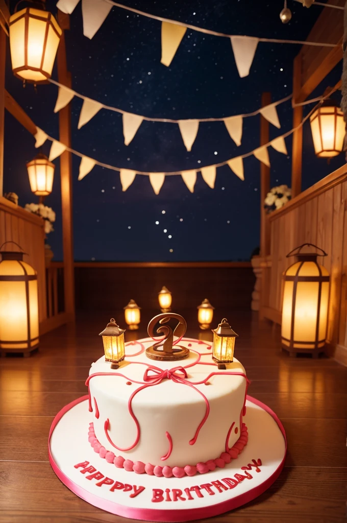 Birthday cake with a curled theme floor and lanterns in the sky 
