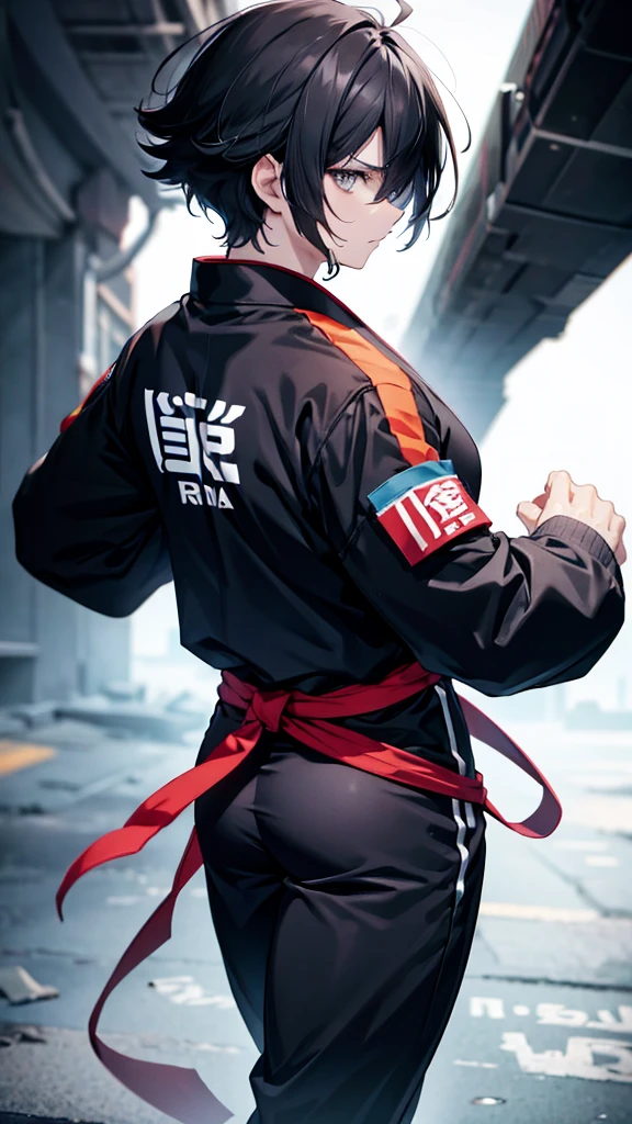profile background, anime boy, serious face, black hair, grey eyes, martial arts clothing, high-res portrait, detailed eyes and face, character, fantasy, advanced urban, looking from behind at viewer, 4K, high resolution