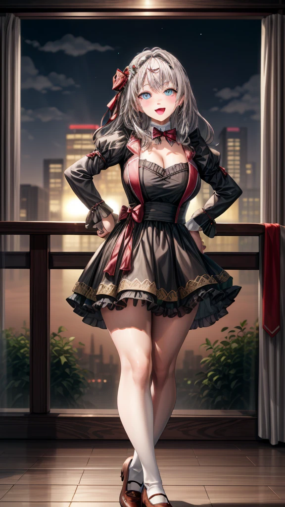 Alisa Kujou, 

(evening:1.7), 1 girl standing at attention, 22 years,young female,beautiful Finger, beautiful long legs ,beautiful body ,beautiful Nose ,beautiful character design, Perfect eyes, perfect face,

there is an anime girl., 1 girl, Thighs, Alone, Blue eyes, old, black dress ,elegant , long socks (((short dress))) , neckline, bow, hand on hip, blush, black Thighs, bowtie, inside, brown shoes, The Great Passage, moccasins, heels, old, looking at the viewer, take half distance, close up shot of open mouth, Thighs,

looking at the viewer, SMILE, greeting the viewer, In the center of the image, Fondo de pantalla CG unity 8k extremadamente detallado, perfect lighting,showy, bright_forehead_face_Lightinasterpiece:1.0),(better_quality:1.0), ultra high resolution,4k,ultra detailed,
Photography, 8k, HDR, high resolution, absurdities:1.2, portrait of codas, film grain, blurred background, bokeh:1.2, Lens flare, (Vibrant_color:1.2)
, (beautiful_face:1.5),(narrow_waist), (beautiful)