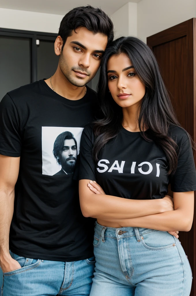 Man and woman wearing black t shirt with the name of vivek and sifat 