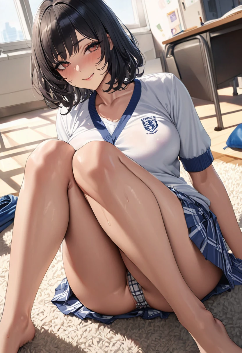 nsfw,superrealistic anime,masterpiece,ultra detailed,8k,white dress shirt,school cardigan,(short plaid pleated skirt),curvy body,(tanned skin:1.1),black hair,seductive cute face,patterned panties,sitting on carpet,knees up,at messy private room,trackuniform on floor,wardrobe,desk,(messy floor),medium hair,cheerful girl