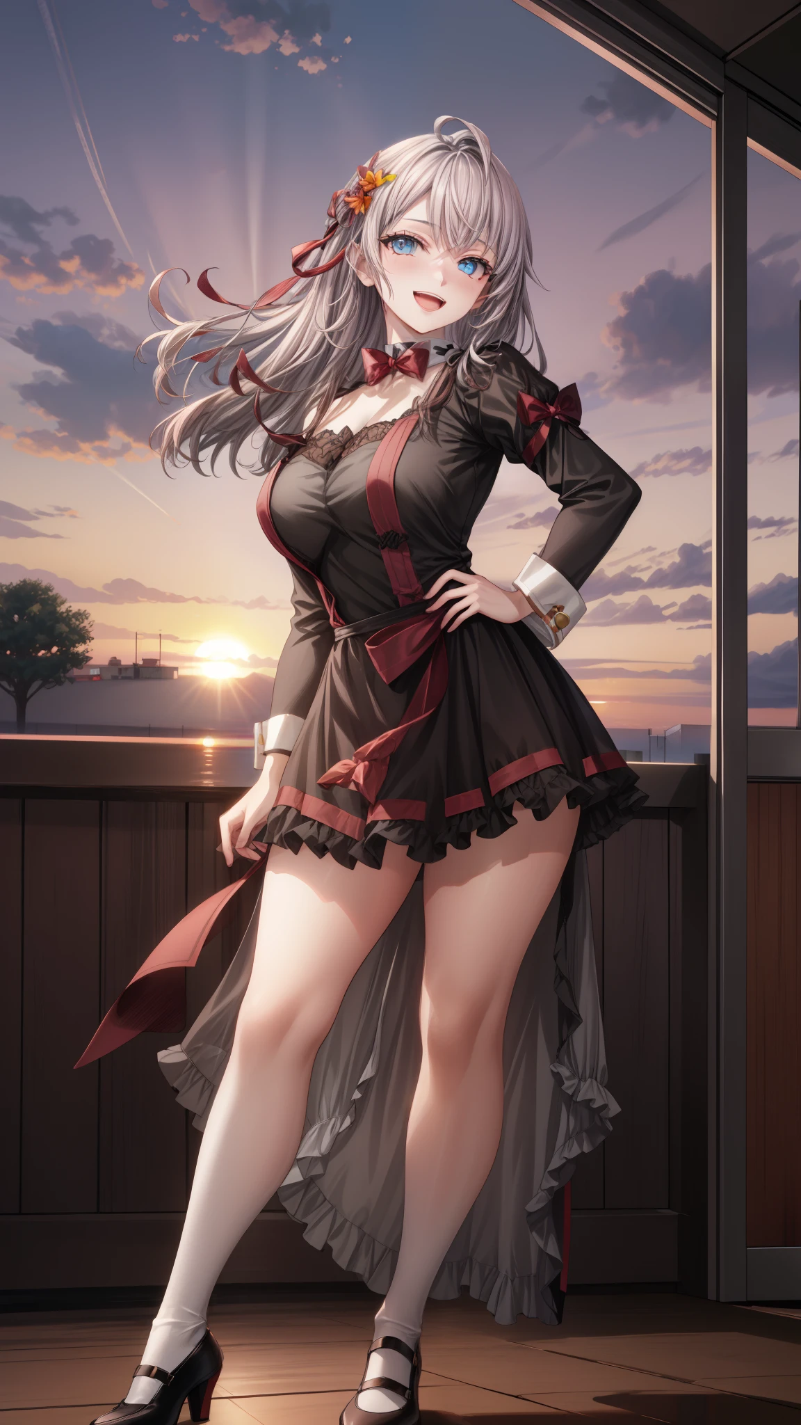 Alisa Kujou,
(sunset:1.7), 1 girl standing at attention, 22 years,young female,beautiful Finger, beautiful long legs ,beautiful body ,beautiful Nose ,beautiful character design, Perfect eyes, perfect face,
there is an anime girl., 1 girl, Thighs, Alone, Blue eyes, old, black dress ,elegant , long socks (((short dress))) , neckline, bow, hand on hip, blush, black Thighs, bowtie, inside, brown shoes, The Great Passage, moccasins, heels, old, looking at the viewer, take half distance, close up shot of open mouth, Thighs,
looking at the viewer, SMILE, greeting the viewer, In the center of the image, Fondo de pantalla CG unity 8k extremadamente detallado, perfect lighting,showy, bright_forehead_face_Lightinasterpiece:1.0),(better_quality:1.0), ultra high resolution,4k,ultra detailed,
Photography, 8k, HDR, high resolution, absurdities:1.2, portrait of codas, film grain, blurred background, bokeh:1.2, Lens flare, (Vibrant_color:1.2)
, (beautiful_face:1.5),(narrow_waist), (beautiful)