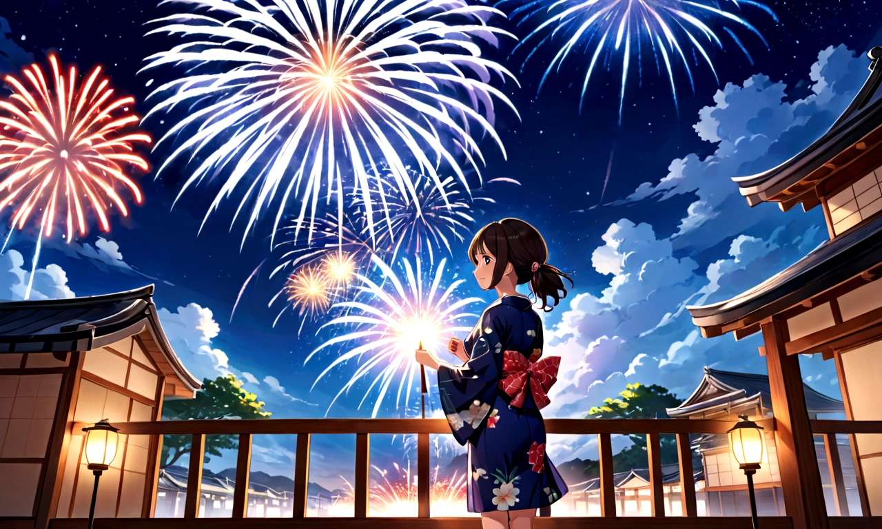 anime girl Navy blue yukata姿で outfit looking at fireworks in the sky, firework, Navy blue yukata姿で, [ fireworks in the sky ]!!, fireworks, Navy blue yukata姿で, Summer Festival Night, fireworks in the background, Navy blue yukata, Japanese Yukata, 色鮮やかなNavy blue yukataを着て, Digital anime illustration ,Navy blue yukataを着る, Anime-style illustrations, Navy blue yukataを着る