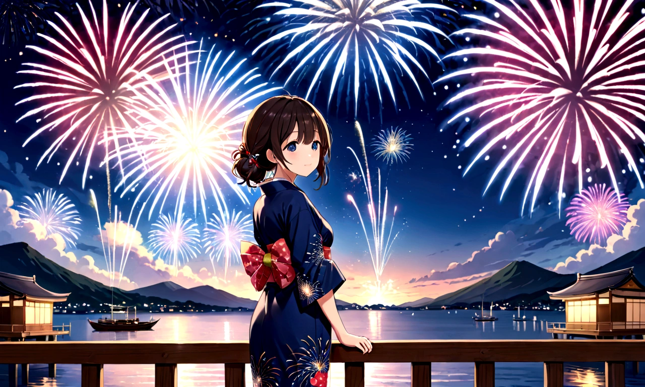 anime girl Navy blue yukata姿で outfit looking at fireworks in the sky, firework, Navy blue yukata姿で, [ fireworks in the sky ]!!, fireworks, Navy blue yukata姿で, Summer Festival Night, fireworks in the background, Navy blue yukata, Japanese Yukata, 色鮮やかなNavy blue yukataを着て, Digital anime illustration ,Navy blue yukataを着る, Anime-style illustrations, Navy blue yukataを着る