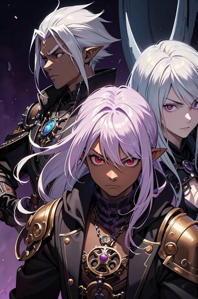 ((best quality)), ((masterpiece)), (detailed), ((boy)), ((mix between dungeonpunk and steampunk)), (serious), dark skinned, human, upper body, portrait, red eyes, long white hair, Xemnas from Kingdom Hearts, half-drow, pointy ears, serious face, dramatic lighting, purple hue, art by Kinema Citrus and Tetsuya Nomura