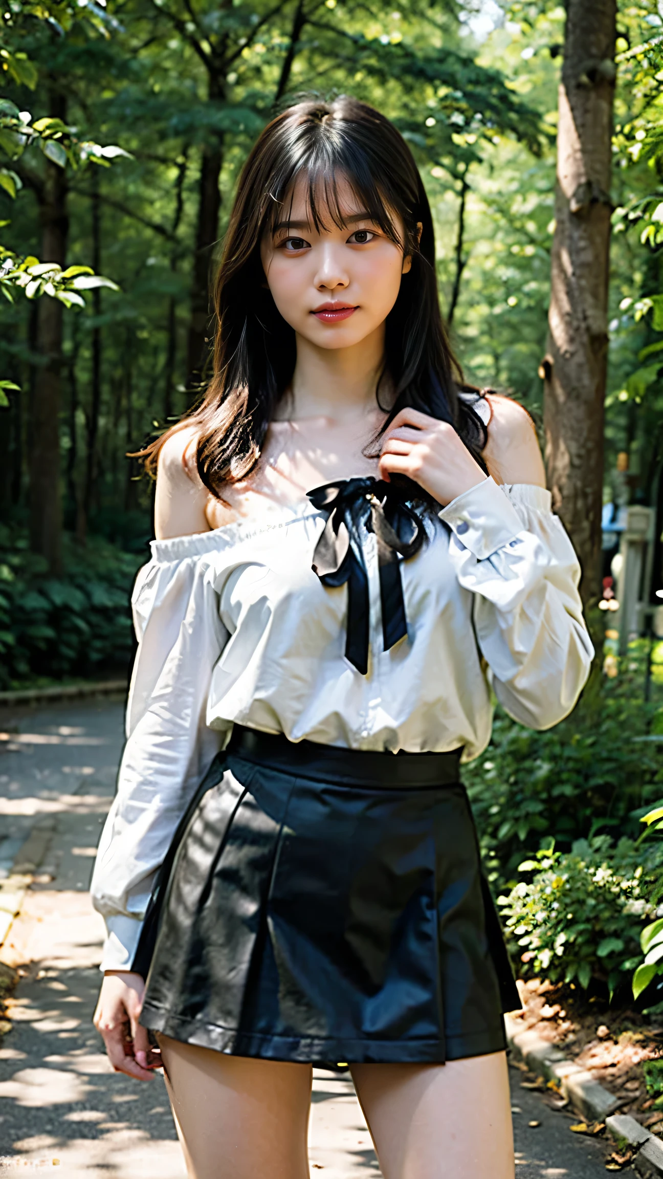 (8K、RAW Photos、Highest quality、masterpiece:1.2)、(Realistic、Photorealistic)、1 Girl、((forest、Off the shoulder、、Black Mini Skirt、Ribbon on chest、Blonde、Knee socks、boots、Big Breasts、Look forward、Are standing))、