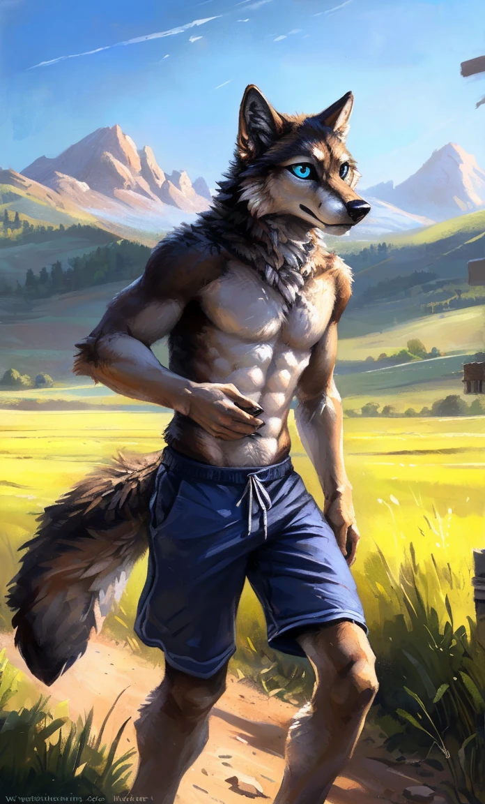 ((Solo)), male people, anthro wolf, (Multi-colored fur, White-brown:1.3,White tail pointed), (Height 2.1m,Tail length 1.2m), ((Wolf face, Big eyes, White eyelids, Blue pupil, Slim:1.2) (Tough, Calm expression:1.2)), Abs, Slim, pinging)), (Correct anatomy), (Work shorts:1.1), The upper body naked, (detailed outfits),A long big tail,Feet,(Realistic fur, Detailed fur texture, labeled:1.3)), (Natural lighting), Photorealistic, Hyperrealistic, ultradetailed, by Kenket,Field,erect through,Running on