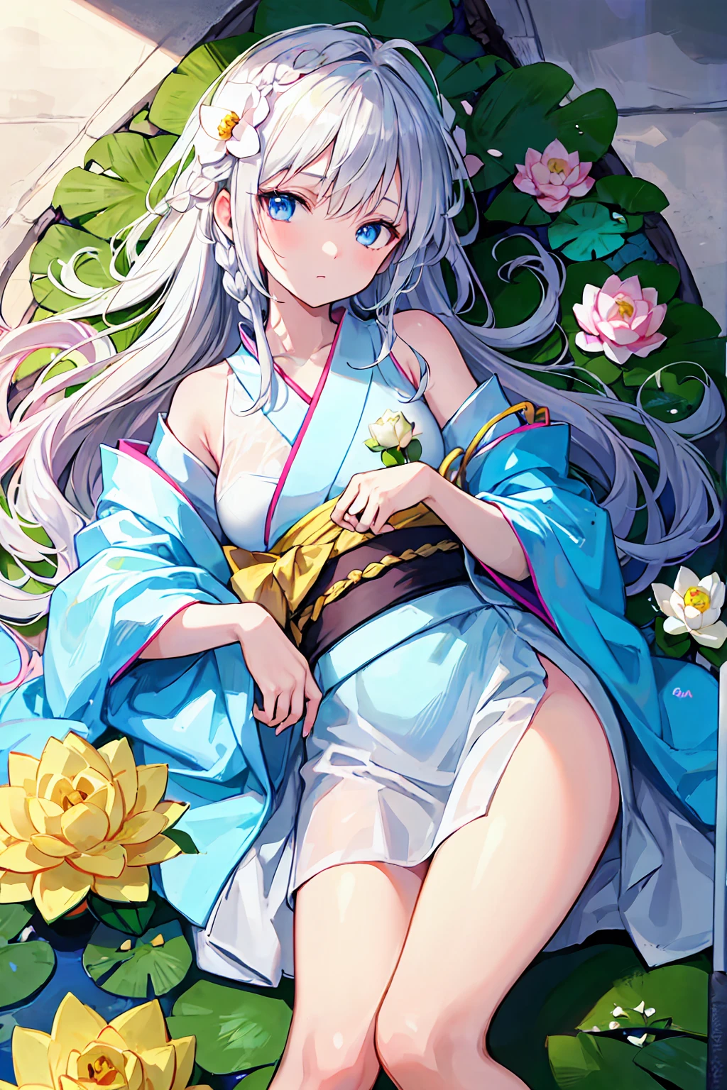 detailed eyes, detailed eye, detailed face, 超High resolution, retina, Accurate, Anatomically correct, Textured skin, 超detailed, Awards, High resolution, Best aesthetics, 超High resolution, clear, ultra detailed, 最high quality, high quality, 超high quality, 16K, Attention to detail, High resolution, detailed, masterpiece, beautiful, detailed skin, Yaoi, (whole body), (1. Bastard), Gray Hair, Right braided loose side tail hair, Wavy Hair, right braid loose side tail wavy Gray Hair, blue eyes, Sleepy eyes, double eyelid, white lotuses, white lotuses kimono, white lotuses hair ornaments, (beautiful cuntboy with right braid loose side tail wavy Gray Hair holding a white lotuses flower)
