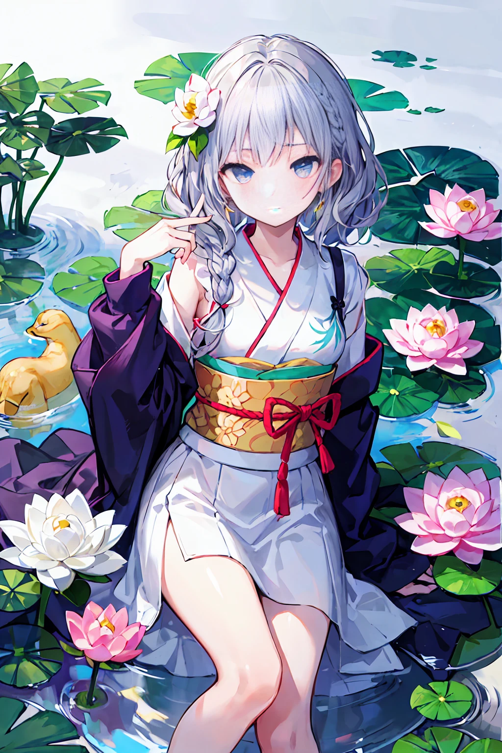 detailed eyes, detailed eye, detailed face, 超High resolution, retina, Accurate, Anatomically correct, Textured skin, 超detailed, Awards, High resolution, Best aesthetics, 超High resolution, clear, ultra detailed, 最high quality, high quality, 超high quality, 16K, Attention to detail, High resolution, detailed, masterpiece, beautiful, detailed skin, Yaoi, (whole body), (1. Bastard), Gray Hair, Right braided loose side tail hair, Wavy Hair, right braid loose side tail wavy Gray Hair, blue eyes, Sleepy eyes, double eyelid, white lotuses, white lotuses kimono, white lotuses hair ornaments, (beautiful cuntboy with right braid loose side tail wavy Gray Hair holding a white lotuses flower)