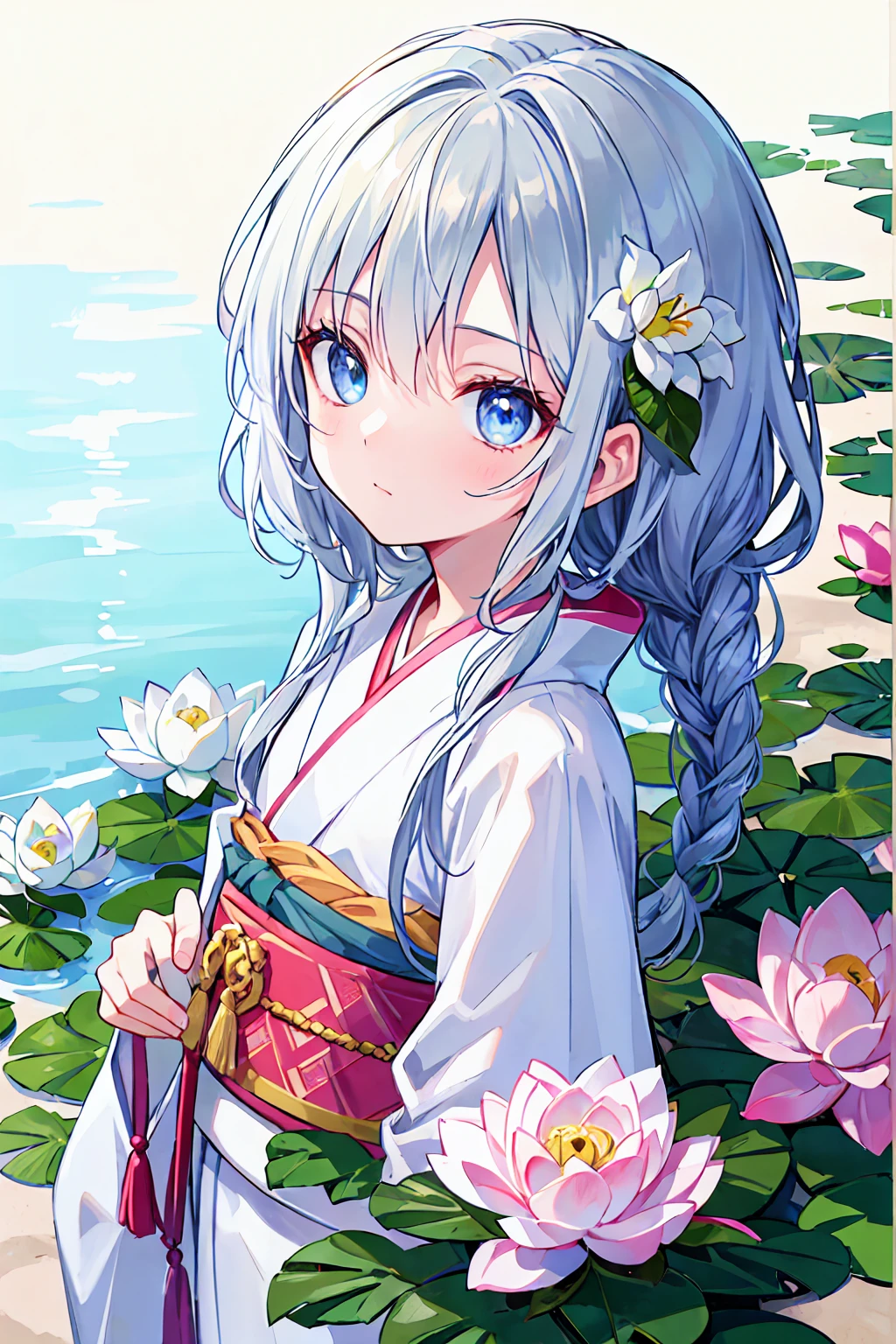 detailed eyes, detailed eye, detailed face, 超High resolution, retina, Accurate, Anatomically correct, Textured skin, 超detailed, Awards, High resolution, Best aesthetics, 超High resolution, clear, ultra detailed, 最high quality, high quality, 超high quality, 16K, Attention to detail, High resolution, detailed, masterpiece, beautiful, detailed skin, Yaoi, (whole body), (1. Bastard), Gray Hair, Right braided loose side tail hair, Wavy Hair, right braid loose side tail wavy Gray Hair, blue eyes, Sleepy eyes, double eyelid, white lotuses, white lotuses kimono, white lotuses hair ornaments, (beautiful cuntboy with right braid loose side tail wavy Gray Hair holding a white lotuses flower)