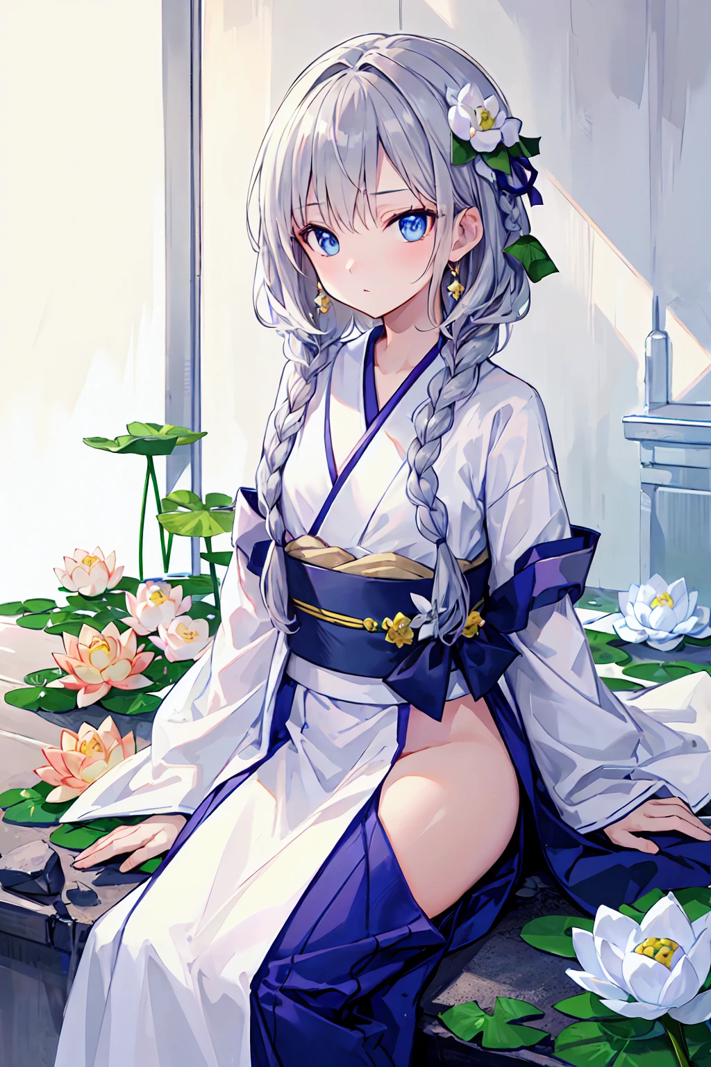detailed eyes, detailed eye, detailed face, 超High resolution, retina, Accurate, Anatomically correct, Textured skin, 超detailed, Awards, High resolution, Best aesthetics, 超High resolution, clear, ultra detailed, 最high quality, high quality, 超high quality, 16K, Attention to detail, High resolution, detailed, masterpiece, beautiful, detailed skin, Yaoi, (whole body), (1. Bastard), Gray Hair, Right braided loose side tail hair, Wavy Hair, right braid loose side tail wavy Gray Hair, blue eyes, Sleepy eyes, double eyelid, white lotuses, white lotuses kimono, white lotuses hair ornaments, (beautiful cuntboy with right braid loose side tail wavy Gray Hair holding a white lotuses flower)