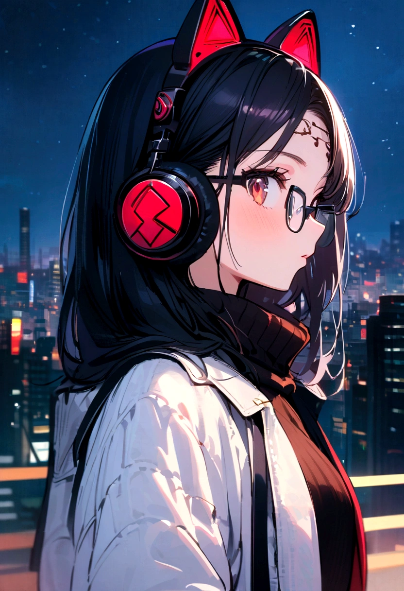((best qualityer)), ((work of art)), (detailded), 1 girl, shoulder to shoulder sweater, Bela, wear glasses on your forehead, stylish, profile pic, cute girl, HD, full HD, intricate, beautiful, kitten headphones, wear a coat, series, looks at you, night city in the background, ((intricate anime)) olhos detaildeds, calm and cute, cabeautiful curto e com presilhas, hands in pocket
