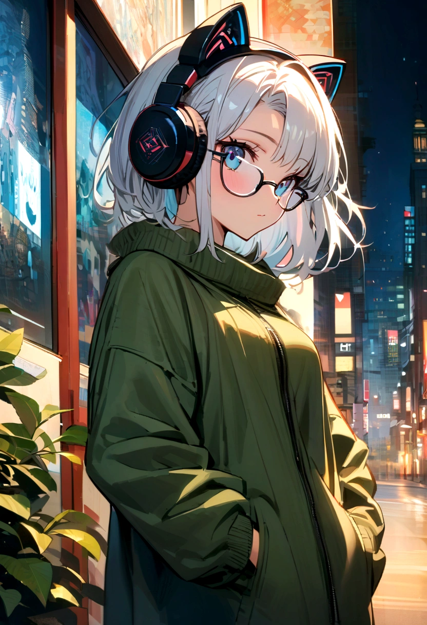 ((best qualityer)), ((work of art)), (detailded), 1 girl, shoulder to shoulder sweater, Bela, wear glasses on your forehead, stylish, profile pic, cute girl, HD, full HD, intricate, beautiful, kitten headphones, wear a coat, series, looks at you, night city in the background, ((intricate anime)) olhos detaildeds, calm and cute, cabeautiful curto e com presilhas, hands in pocket