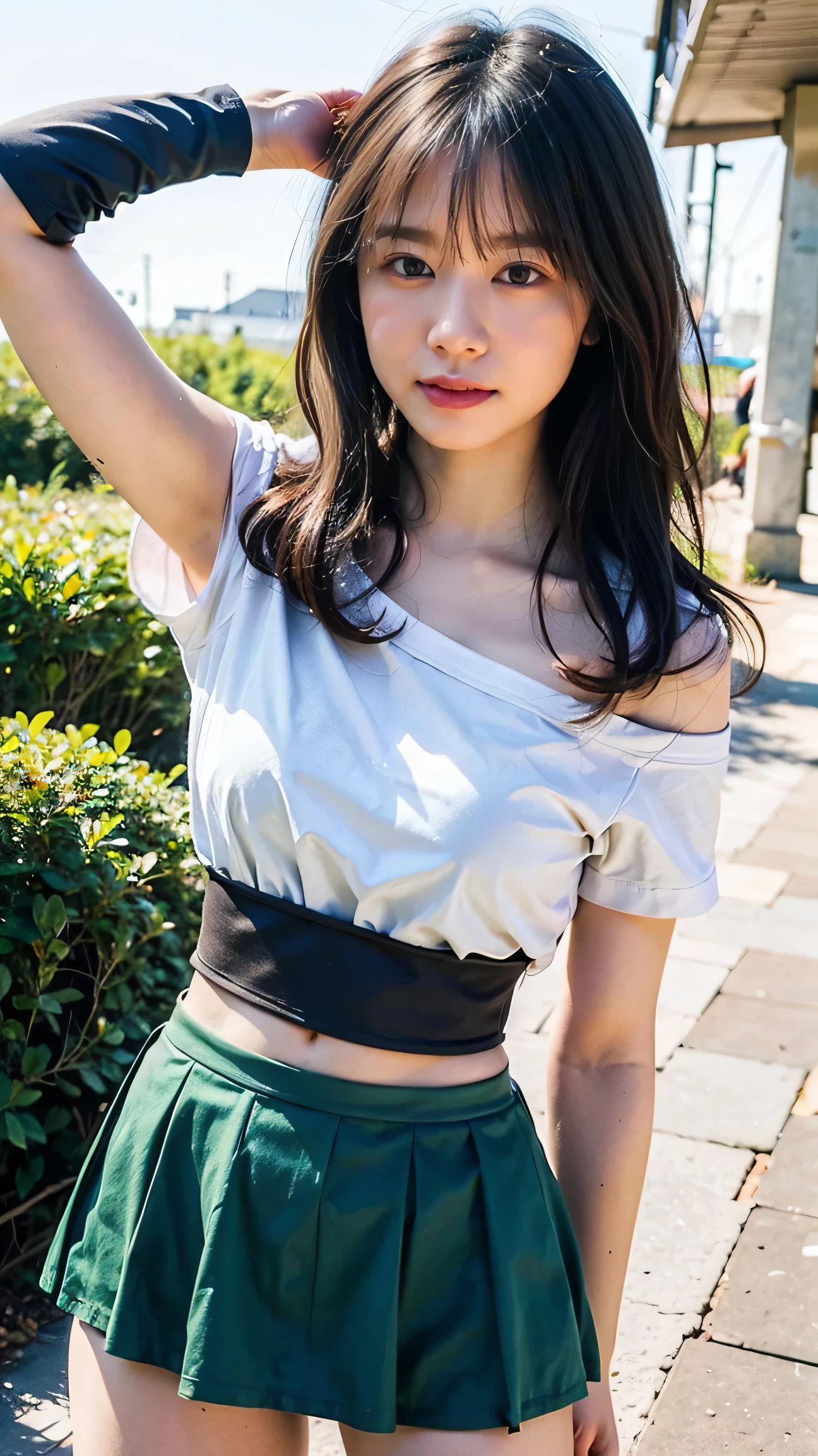 (8K、RAW Photos、Highest quality、masterpiece:1.2)、(Realistic、Photorealistic)、1 Girl、((forest、Off the shoulder、、Black Mini Skirt、Ribbon on chest、Blonde、Knee socks、boots、Big Breasts、Look forward、Are standing))、